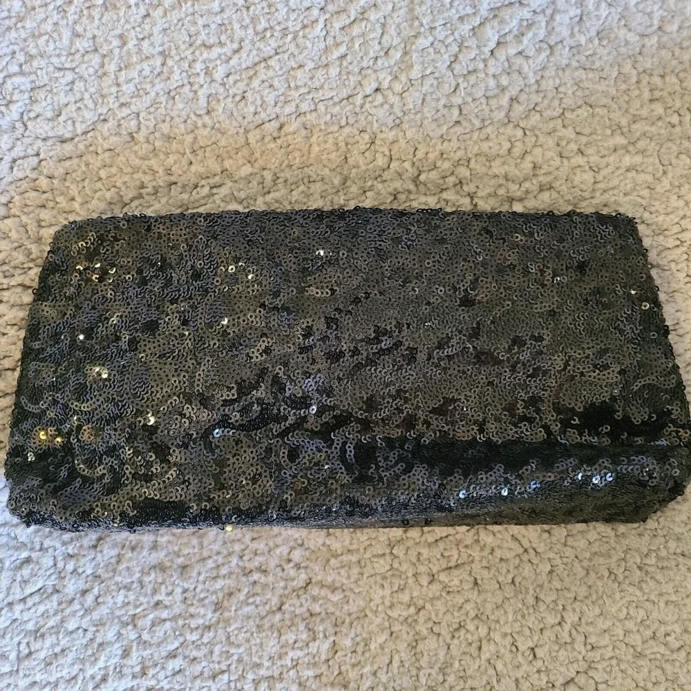 Victoria's Secret Make‎ Up Bag Black Sequin Shiney Faux Leather Snap Button